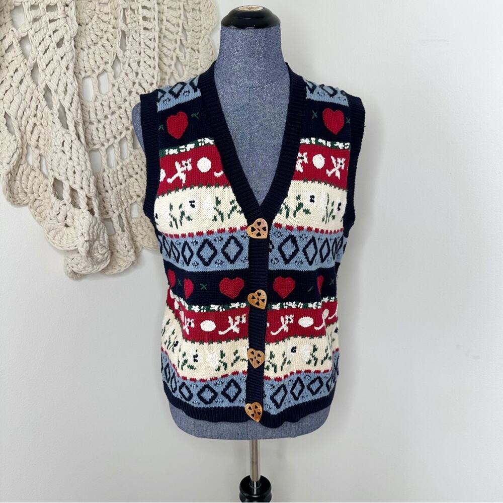 Vintage 90s Heart Fair Isle Granola Girl Grandmacore Knit Cardigan Vest Medium